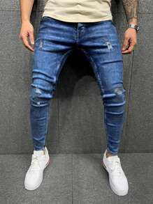 Men's Pocket Distressed Elastic Denim Jeans - Medium Wash - View 1