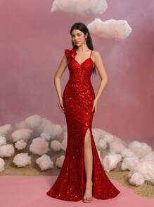 Teen Girls Asymmetric Spaghetti Strap Sequin Mermaid Party Dress - Red - View 4