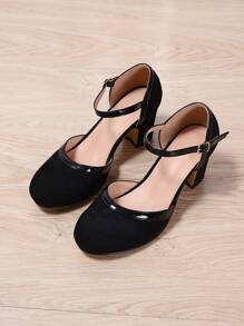 Women's Black Hollow Out Sandals With Retro Girly Vibe, Featuring Suede-Like Fabric And Mirror Material, Mary Jane Style, Comfortable Thick Block Heel Perfect For Party, Workplace And Showing Off Feet, Suitable For Spring/Summer