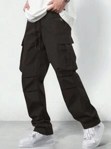 Men's Fashion Multi-Pocket Decorated Straight Leg Loose Baggy Cargo Pants, Loose Fit Parachute Jogger Pants, Street Style - Coffee Brown - View 1