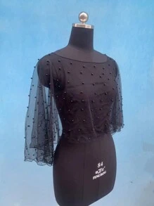 1pc Women Short Bridal Pearl Shawl, Simple High Low Mesh Cape Wrap Pullover Style Fall Clothes For Women