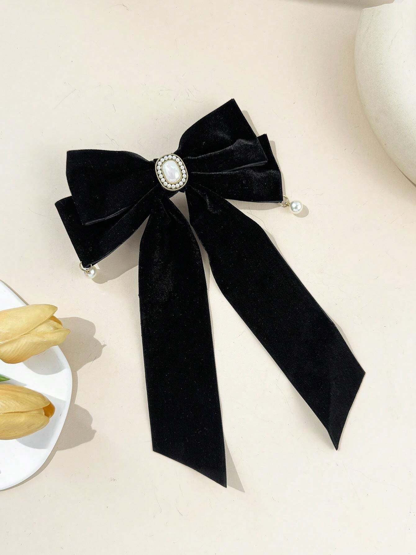 1pc Women's Velvet Pearl Double Bow Hair Clip, Suitable For Daily