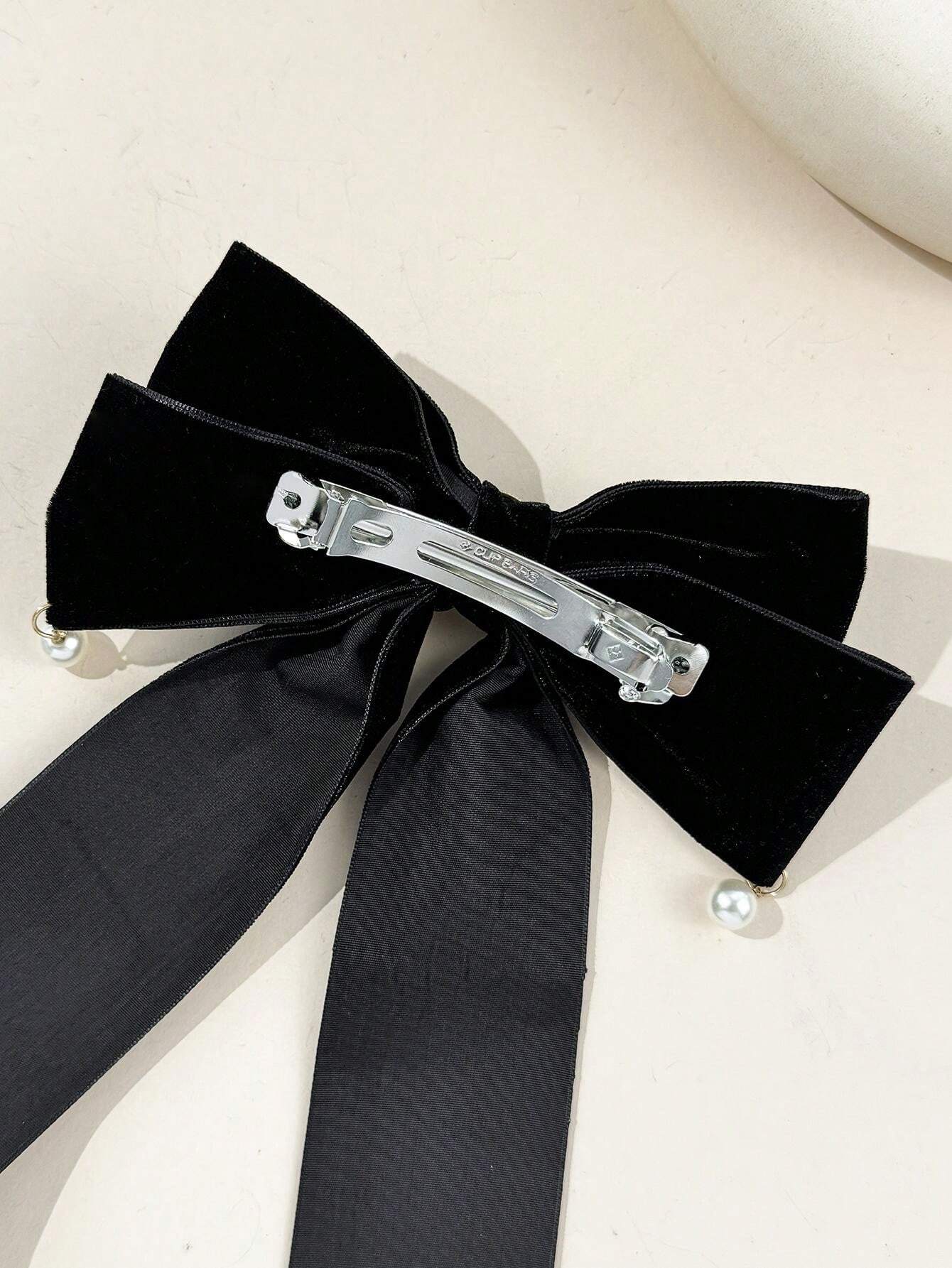 1pc Women's Velvet Pearl Double Bow Hair Clip, Suitable For Daily