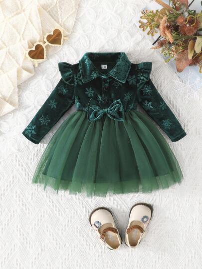 Baby Mädchen Langarm Plüsch Top mit Mesh Kontrast Tüllkleid, Schneeflocken Muster, Schleife Knopf Strickjacke, 2-lagiges Mesh Kleid, geeignet für Frühling & Herbst