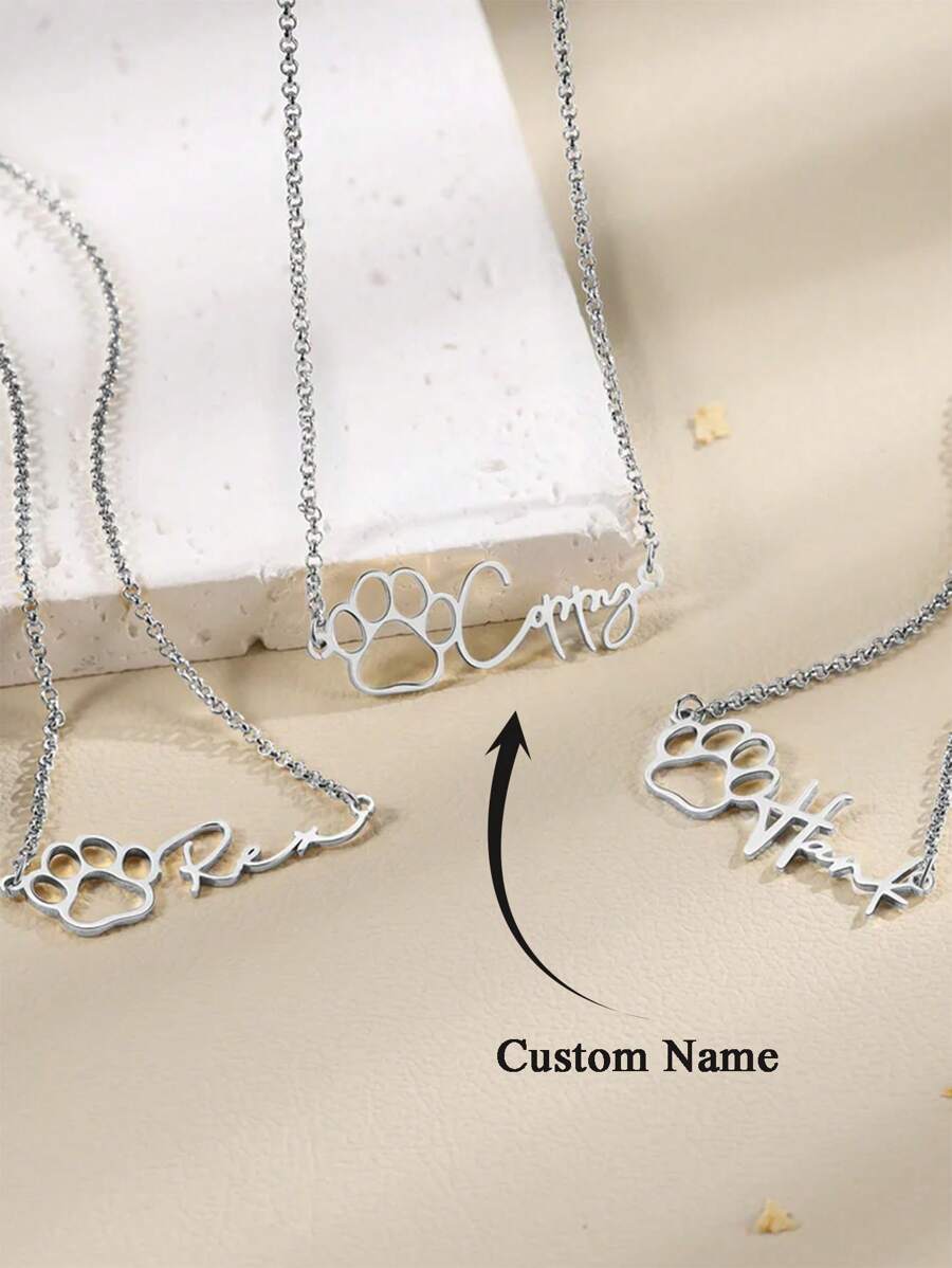 定制爪子名字项链，可爱宠物项链，男女定制名字项链猫爪项链，宠物纪念项链，送给妈妈的礼物，圣诞节礼物，送给她的生日礼物 - 銀色 - 查看 1