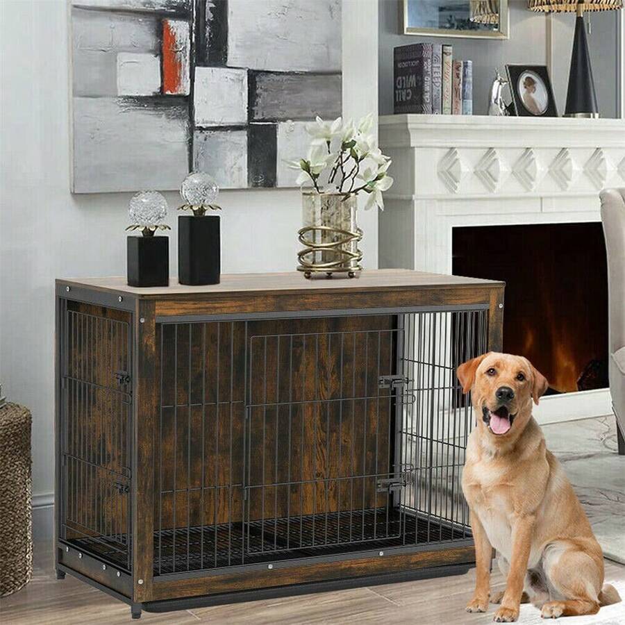 Super Large Retro Wooden Dog Crate Thick Wire Pet Cage Kennel Double