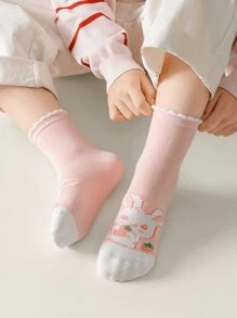 10 Pairs Kids' Autumn/Winter Socks, Soft & Comfy With Cute Rabbit & Strawberry Design, Fashionable Stripe Pattern, Suitable For Everyday Or School Wear, Unisex