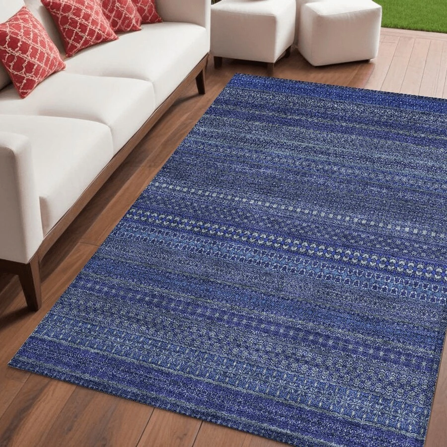 5' X 8' Navy Blue Striped Washable Non Skid Indoor Outdoor Area Rug