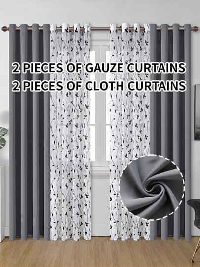 4 قطع/حزمة - طقم ستائر معتمة مع تطريز شفاف، ستائر بلون أسود داكن بغطاء داخلي للستائر، مجموع 4 قطع، تحجب ضوء الأشعة فوق البنفسجية لغرفة النوم وغرفة المعيشة، بلون أسود داكن