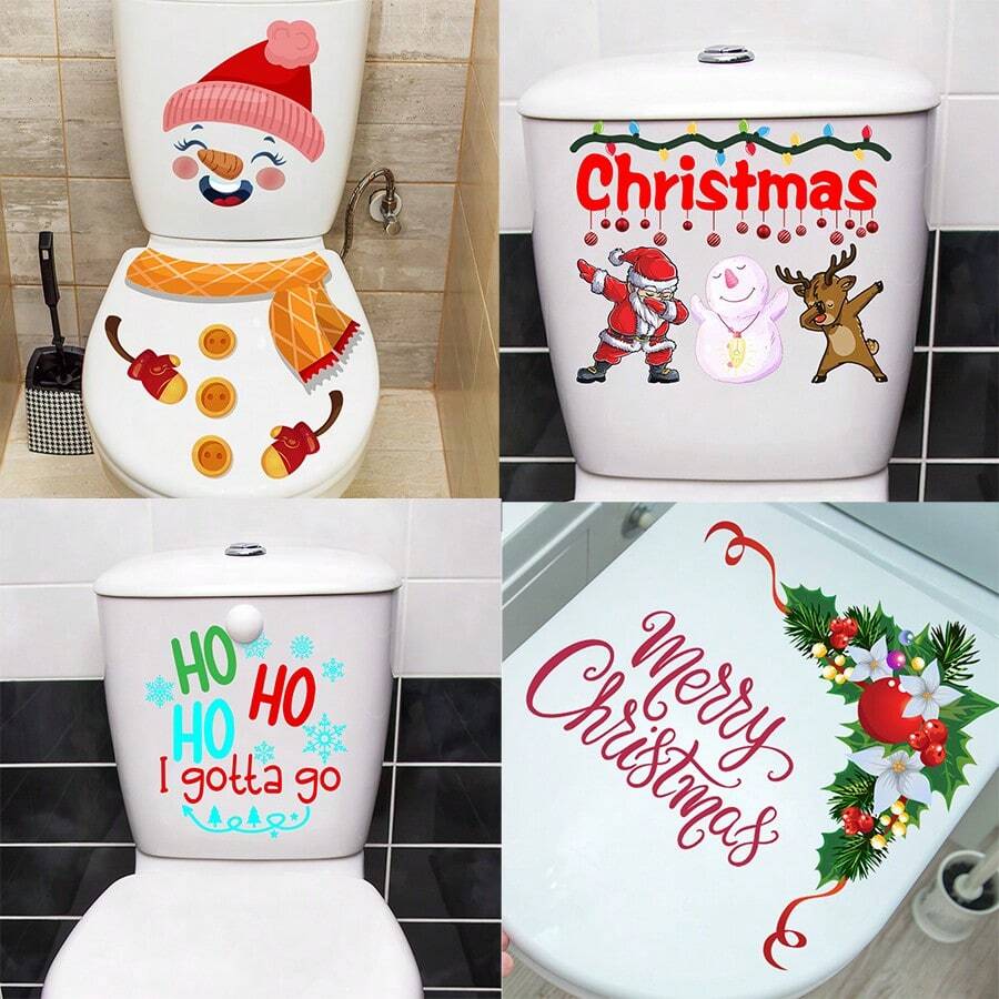 2 buc/set autocolante pentru decorațiuni de Crăciun, autocolante pentru toaletă cu omul de zăpadă și Holly cu coajă și lip, artă pe pereți pentru baie din PVC, autocolante cu model floral de Crăciun pentru decorarea interioară, autocolant din sticlă