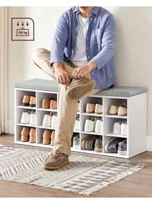 VASAGLE Banco Zapatero, Mueble Zapatero, Banco Recibidor con 15 Compartimentos y Asiento Acolchado, 30 x 105 x 48 cm, Entrada, Dormitorio, Sala de Estar, Blanco y Gris - Blanco - Ver 2