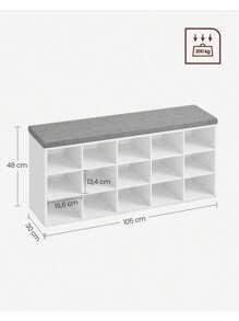 VASAGLE Banco Zapatero, Mueble Zapatero, Banco Recibidor con 15 Compartimentos y Asiento Acolchado, 30 x 105 x 48 cm, Entrada, Dormitorio, Sala de Estar, Blanco y Gris - Blanco - Ver 5