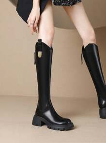 Women's Black Above-The-Knee Boots, Autumn/Winter, With Side Zipper, Soft Leather, Short Stature, Thick Sole, Slimming, Back Zipper, Riding Style Knee High Boots