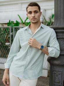 Men's Striped Shirt With Italian Collar And Pearl Buttons - màu xanh lá - Xem 2