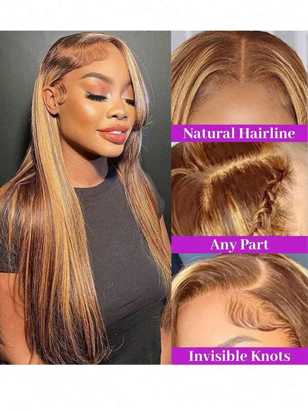 13x4 Transparente Lace Frontal Perucas Cabelo Humano Destaque Ombre Reto Lace Front Perucas P4/27 Colorido Perucas Mel Loira Cabelo Humano Pré-Plucked Lace Frontal Perucas Cabelo Humano 150% Densidade