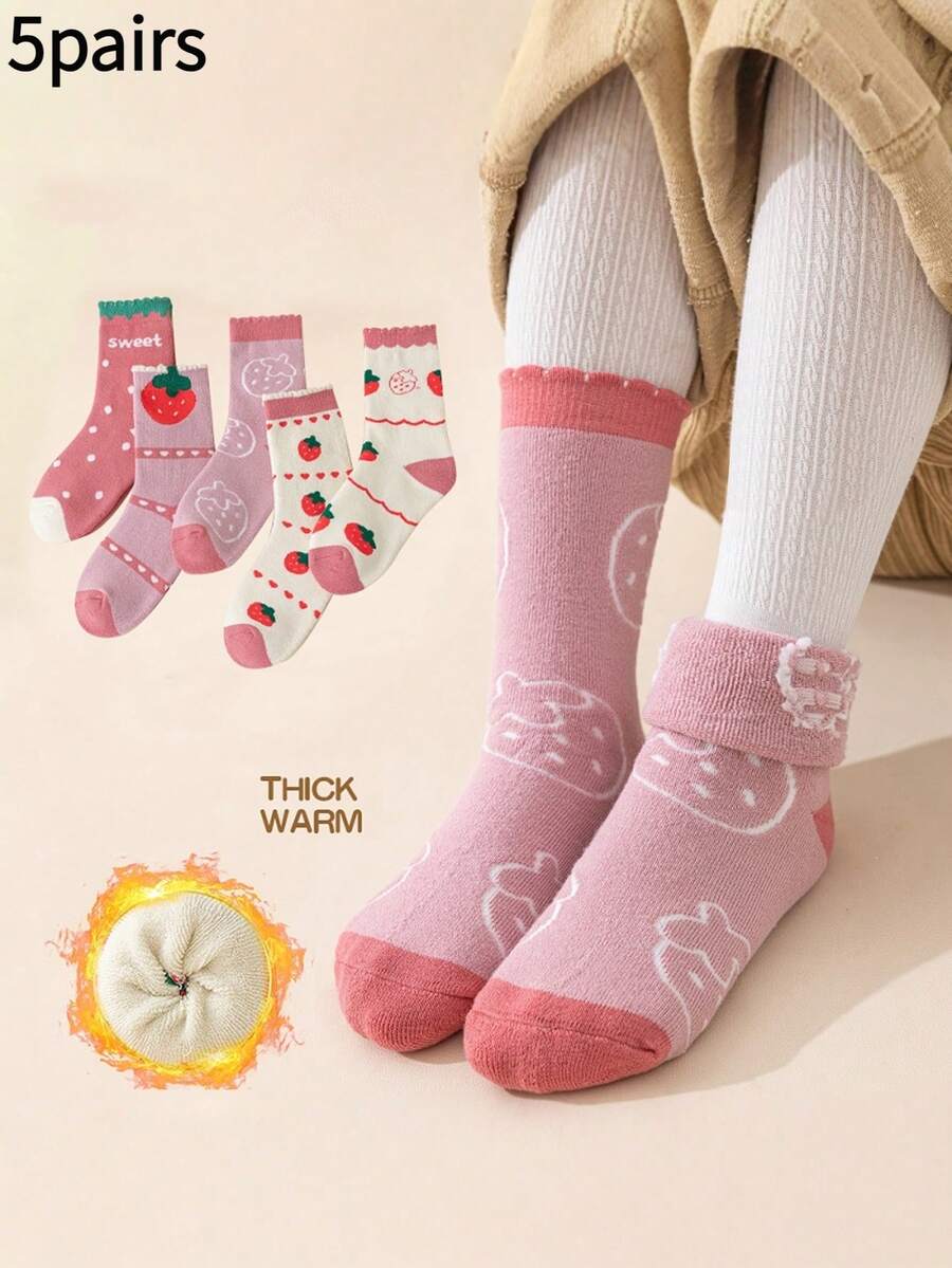 5 đôi tất dày cho trẻ em, tất khăn giữ nhiệt thể thao hoạt hình cho bé gái có họa tiết quả dâu tây, thích hợp để mặc hàng ngày, mùa thu/đông - Nhiều màu - Xem 1