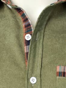 Men's Corduroy Color Block Plaid Long Sleeve Casual Business Shirt