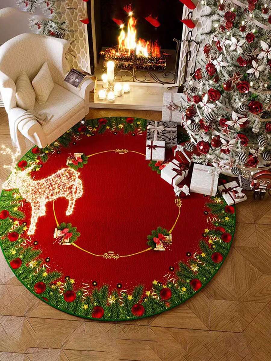 1 pieza Alfombra redonda, decoración de estilo atmosférico, alfombra de piso para sala de estar y dormitorio, alfombra con diseño de árbol, alfombra de tela antideslizante y de fácil cuidado, Noche de Campanas Navideñas, mejor regalo de decoración de habitación, decoraciones navideñas de cumpleaños, decoraciones navideñas de invierno, regalos navideños para el hogar, decoración navideña - Multicolor - Ver 1