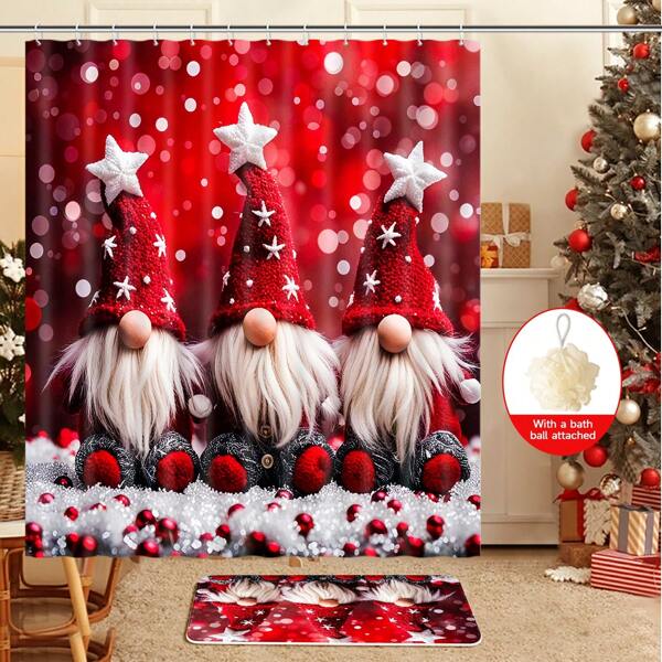 1/2/3/4 Pieces Three Christmas Gnomes Pattern Digital Printed Waterproof Shower Curtain, Bathroom Set, Bathroom Non-Slip Mat, Toilet U-Mat, Toilet Cover, Comes With 12 Hooks And 1 Shower Globe, Perfect Christmas Gift For Yourself And Your Family, Multiple Sizes Available! Home Bathroom Decor Summer Bathroom Accessories Back To School