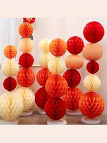 5pcs/Set Chinese Style Red Wedding Large Paper Fans, Decor For Wedding Room, Including Paper Lanterns, Pillars And Honeycomb Hanging Balls