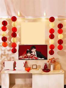 5pcs/Set Chinese Style Red Wedding Large Paper Fans, Decor For Wedding Room, Including Paper Lanterns, Pillars And Honeycomb Hanging Balls
