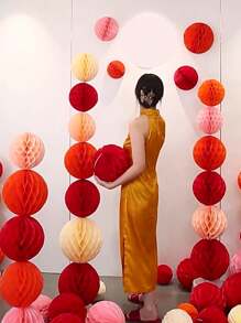 5pcs/Set Chinese Style Red Wedding Large Paper Fans, Decor For Wedding Room, Including Paper Lanterns, Pillars And Honeycomb Hanging Balls