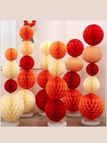 5pcs/Set Chinese Style Red Wedding Large Paper Fans, Decor For Wedding Room, Including Paper Lanterns, Pillars And Honeycomb Hanging Balls