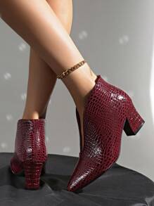 New Crocodile Embossed Thick Heel Ankle Boots, Women's Fashion Versatile Pointed Toe Red Slip-On Chunky Heel Short Boots, Ladies Snakeskin Chunky High Heel Shoes In Wine Red