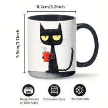 1个卡通黑猫印花11盎司陶瓷咖啡杯，趣味设计，适合夏季和冬季使用，生日礼物、节日礼物、完美的圣诞礼物送给朋友 - 彩色 - 查看 4
