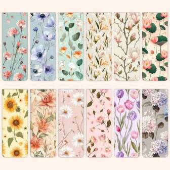 12 件花卉磁性书签套装，耐用纸质书页标记，带有各种花卉图案，适合阅读和书籍