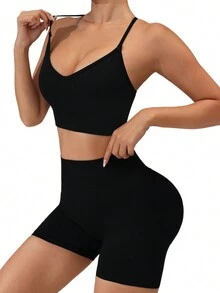 2 件无缝超弹力瑜伽套装运动套装和外穿背心紧身短裤健身套装 - 黑色 - 查看 4