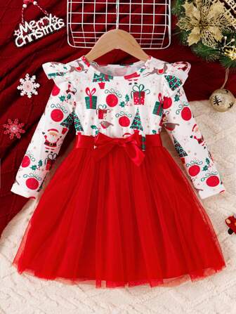 Vestido de niña con volantes, estampado de niño de nieve y copos de nieve, con contraste de malla y cinturón