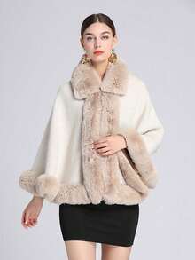 1 件大码纯色斗篷大衣，配有大毛领，温暖舒适的女士披肩开衫 - 多色披肩 - 查看 4