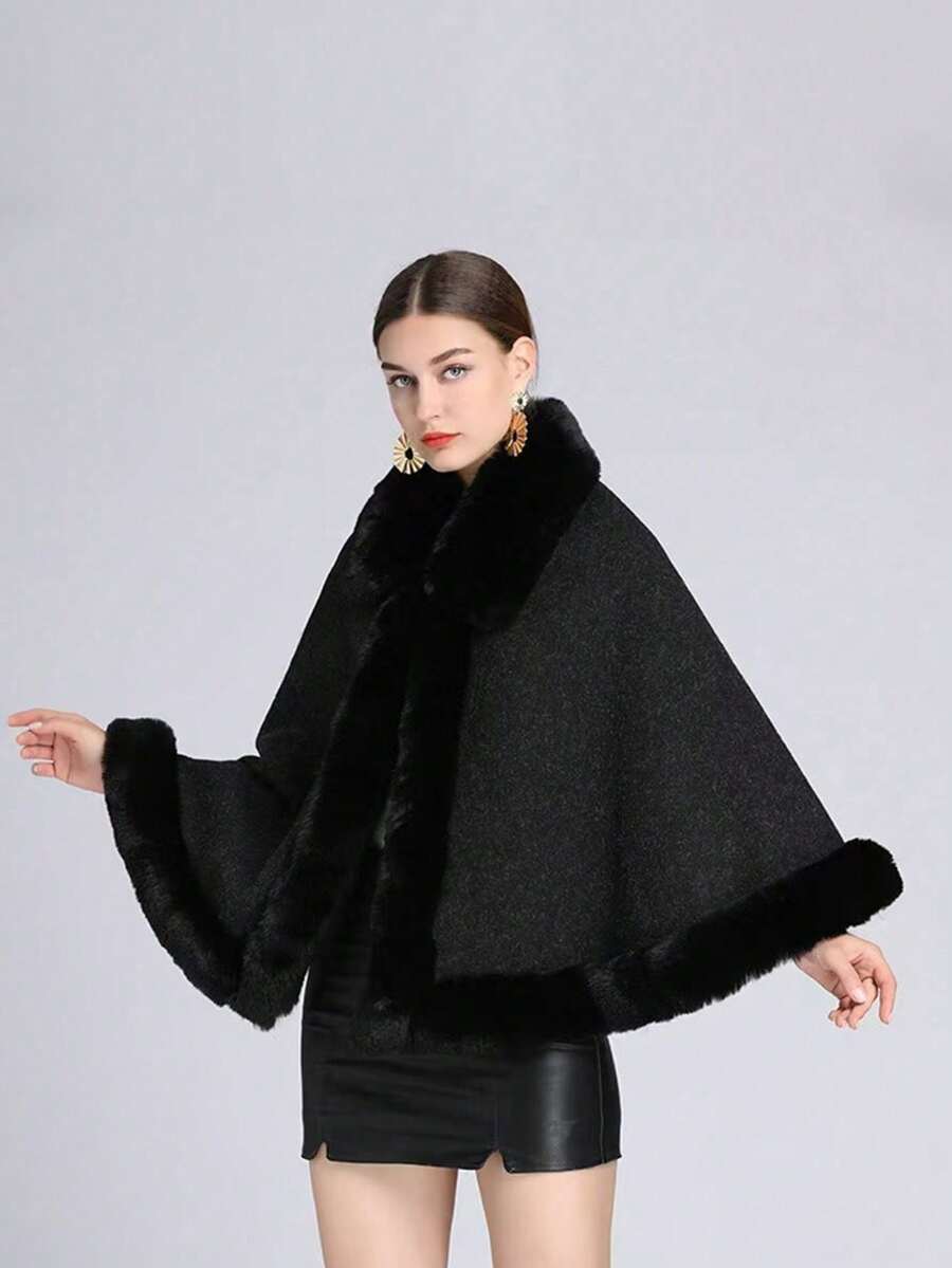 1 件大码纯色斗篷大衣，配有大毛领，温暖舒适的女士披肩开衫 - 多色披肩 - 查看 1