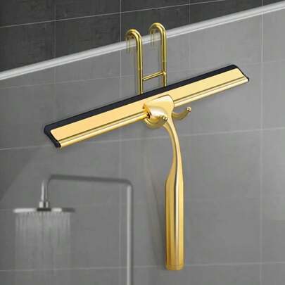 1pc Bathroom Golden Wiper, Shower Wiper Brush, Mirror Wiper, Window Scraper, Cleaning Artifact, Convenient, Wiper With Hook, Bathroom Cleaning Tool, Bathroom Accessories,Autumn/Winter Essential Cleaning Tools,