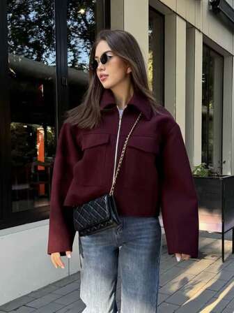 HH 秋季优雅纯色翻领拉链上衣高街女士休闲保暖双口袋外套