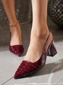 Scarpe da sera da donna con tacco alto grosso, a punta chiusa e cinturino alla caviglia, colore bordeaux