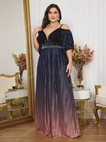 Plus Size Gradient Sequin Embellished Open Shoulder Cami Dress Elegant Prom Semi Formal Wedding Guest Dress, For Birthday, Graduation, Homecoming