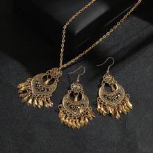 3 件套金色婚礼首饰套装女士复古古董雕刻心形吊坠耳环项链波西米亚花朵首饰 - 項鍊+耳環 - 查看 13