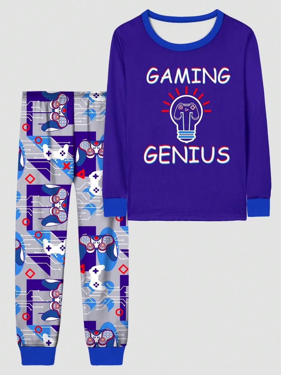 2pcs/Set Tween Boys' Snug Fit Video Game Print Long Sleeve Top And Pants Pajama Set - Multicolor - View 1