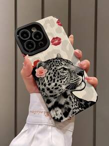 1pc Red Lip & Leopard Print Stripe Faux Leather Anti-Fall Soft Protective Phone Case, Compatible With Iphone And 14/14 Plus/14 Pro/14 Pro Max - Multicolor - View 3