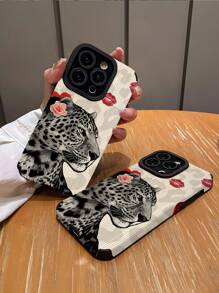 1pc Red Lip & Leopard Print Stripe Faux Leather Anti-Fall Soft Protective Phone Case, Compatible With Iphone And 14/14 Plus/14 Pro/14 Pro Max - Multicolor - View 2