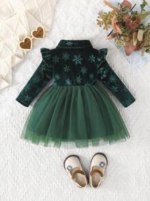 Baby Mädchen Langarm Plüsch Top mit Mesh Kontrast Tüllkleid, Schneeflocken Muster, Schleife Knopf Strickjacke, 2-lagiges Mesh Kleid, geeignet für Frühling & Herbst