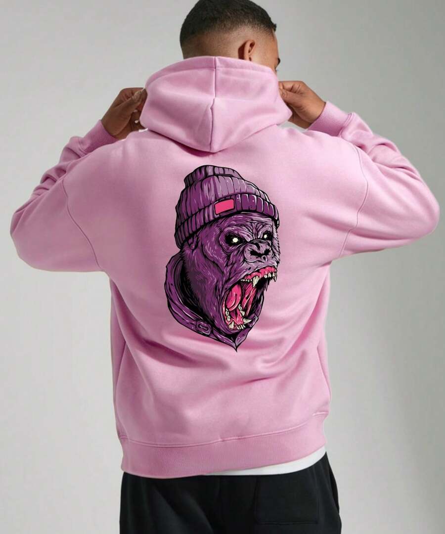 Men's Hoodie With "GORILLA FACE" Design - Pink - View 1