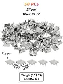 50 PCS Copper Square Pyramid Studs For Clothing Bag Leather Shoes Punk Rock Jewelry Craft, 4 Prong Metal Nailhead Studs Spikes Accessories With Awl(Silver, 8/10/12mm)