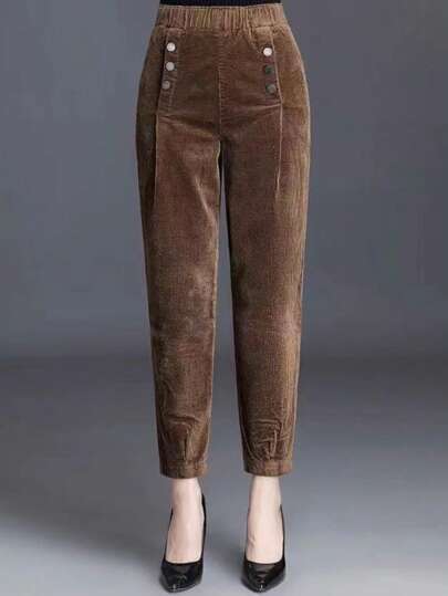 Pantalones casuales largos de mujer con cierre de botones delantero liso, para uso diario