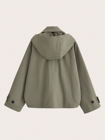 Women's Casual Military Green Front Button Hooded Trench Coat, Autumn