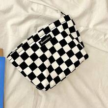 Trousse de toilette de style coréen haut de gamme noir et blanc à damier, grand sac de rangement imperméable avec grande capacité, sac de toilette portable à damier - Noir - Voir 7