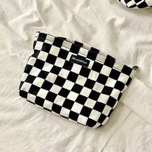 Trousse de toilette de style coréen haut de gamme noir et blanc à damier, grand sac de rangement imperméable avec grande capacité, sac de toilette portable à damier - Noir - Voir 6