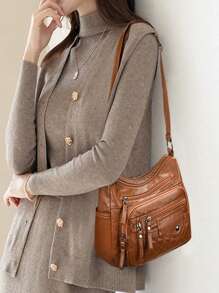 Women's Soft Fabric Multi-Compartment Fashionable Shoulder Diagonal Crossbody Bag - Brown - View 5